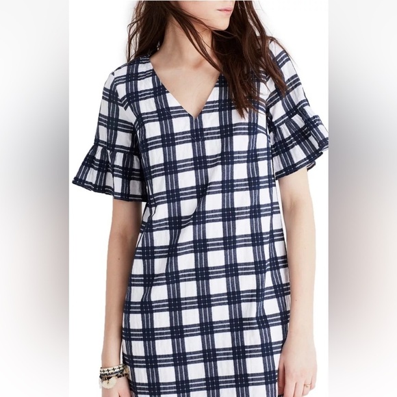 Madewell Bell-Sleeve Dress in Leighton Plaid Sz 4 Transatlantic Blue Gingham - Picture 2 of 10